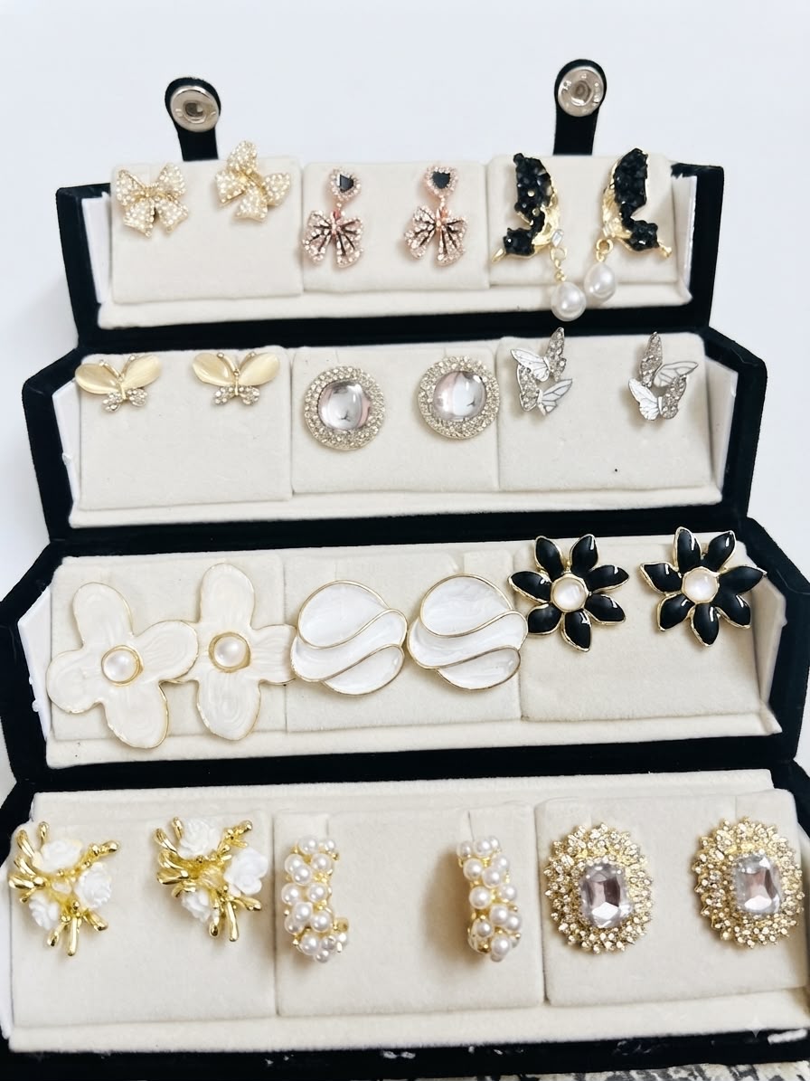 ✨ 12-Pair Korean Designer Earrings + Luxury Jewellery Box