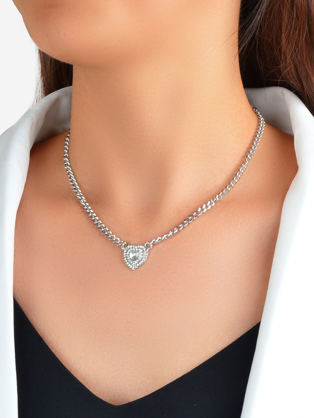 Textured Jewellery Silver Chain Full Rhinestone Heart Pendant Necklace Jewellery-0