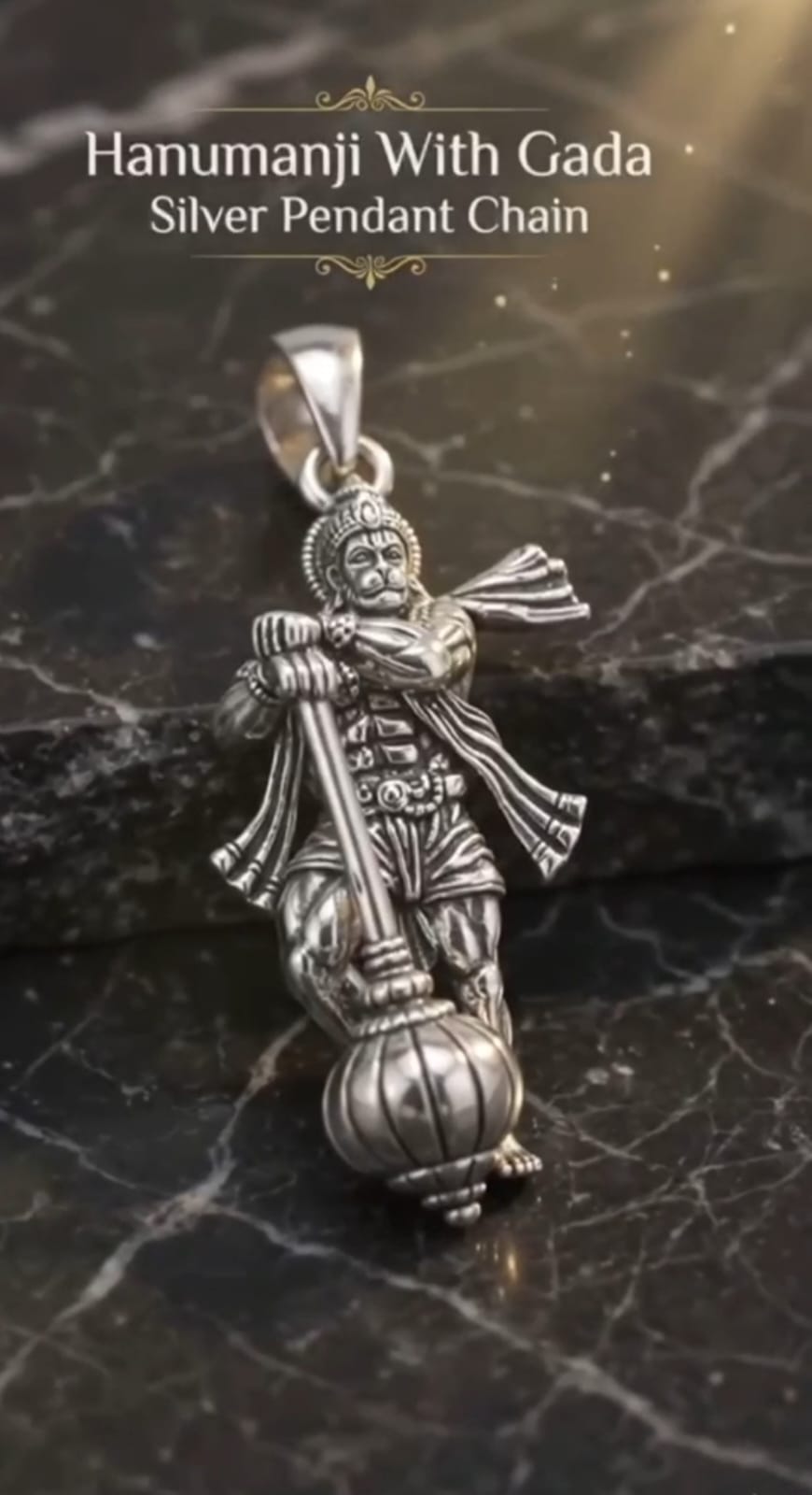 👉 Handcrafted Hanumanji With Gada Silver Pendant Chain — Divine Protection Edition