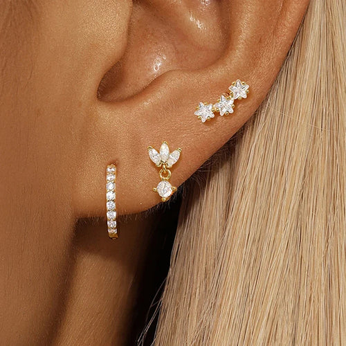 3PCS Star Zircon Hoop Huggie Earrings-0