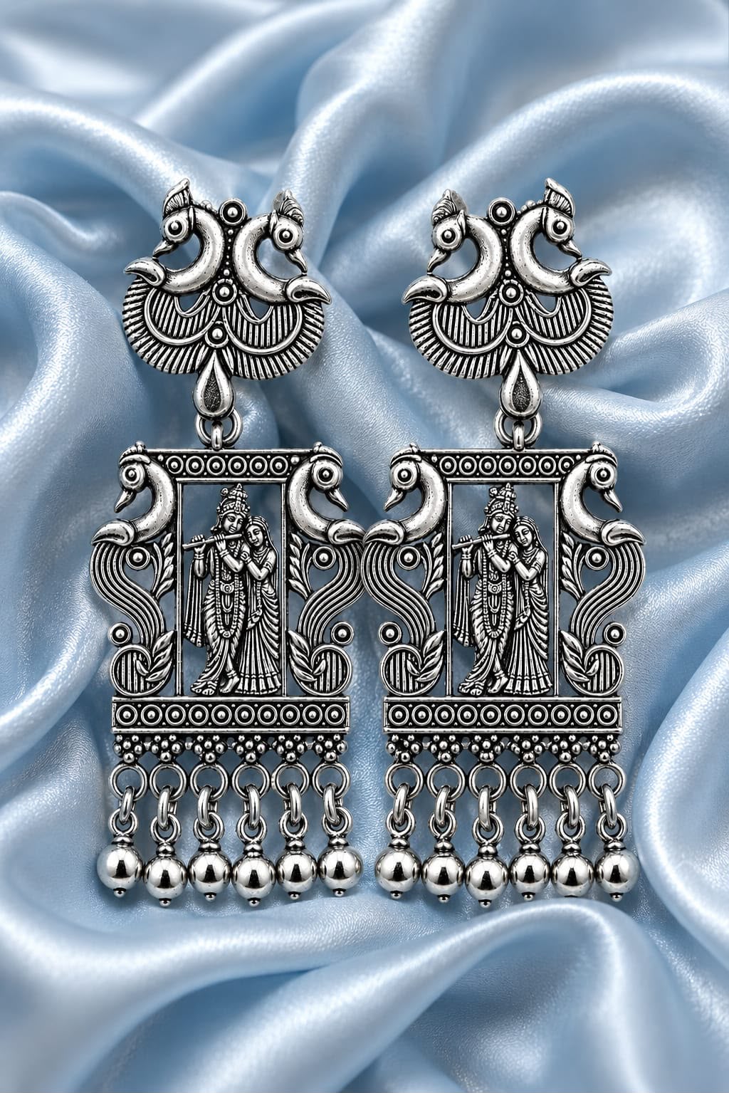 Divine Radha Krishna Oxidised Silver Statement Earrings — Devotional Collection
