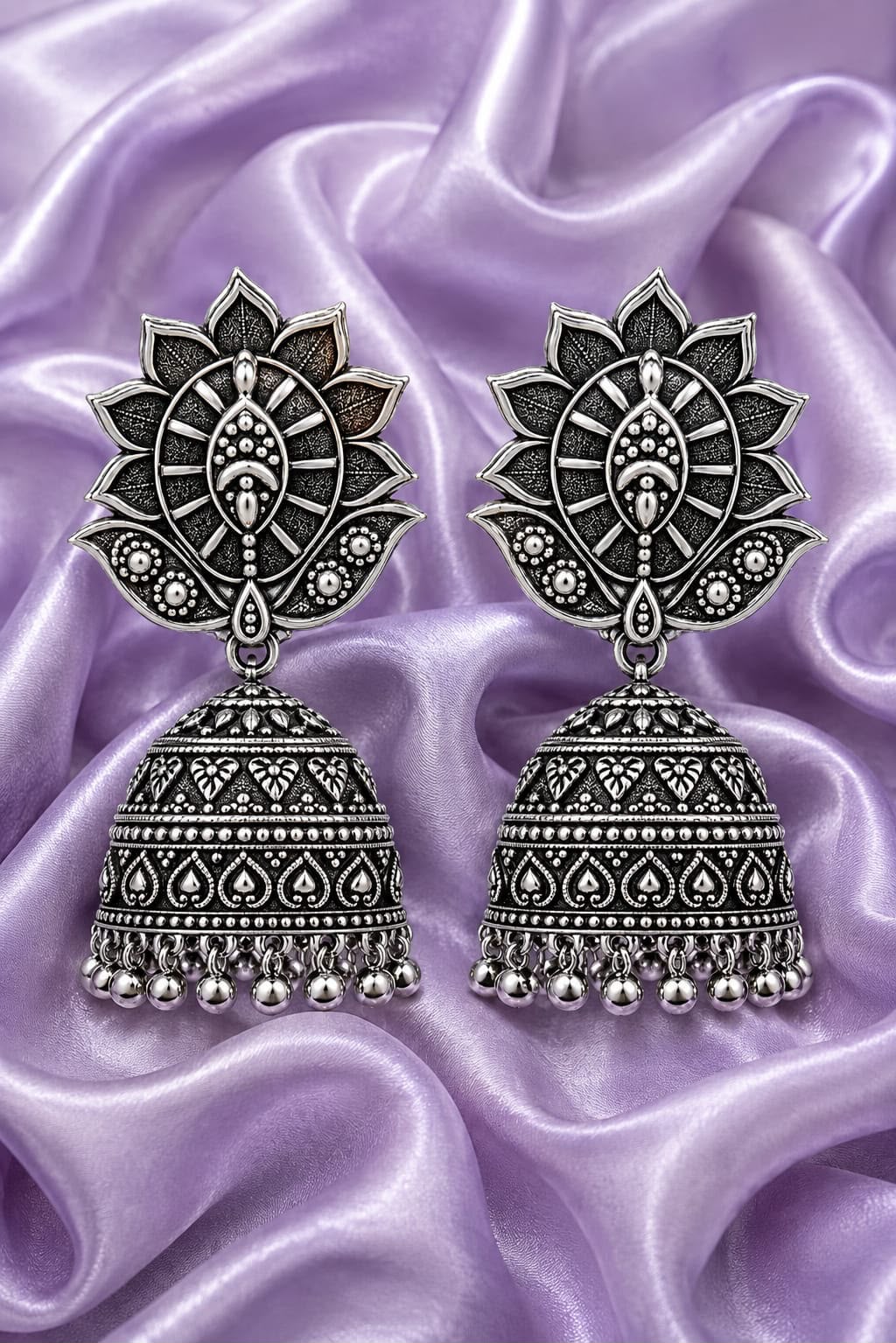 Royal Lotus Oxidised Silver Jhumka Earrings — Ethnic Festive Collection