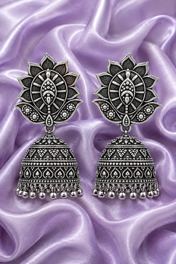 Royal Lotus Oxidised Silver Jhumka Earrings — Ethnic Festive Collection