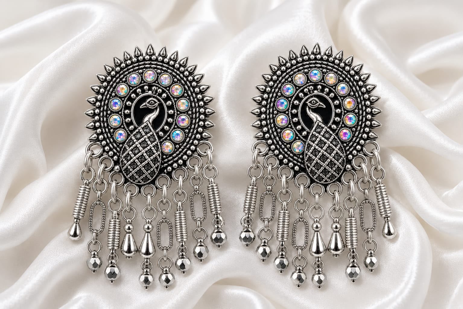 Peacock Motif Oxidised Silver Statement Earrings — Royal Festive Collection