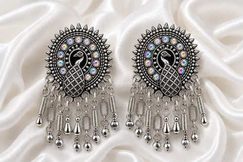 Peacock Motif Oxidised Silver Statement Earrings — Royal Festive Collection