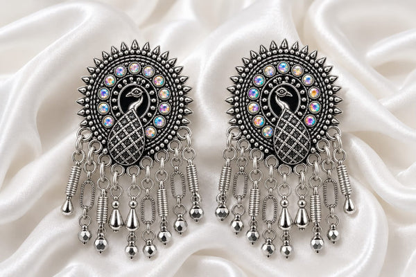 Peacock Motif Oxidised Silver Statement Earrings — Royal Festive Collection