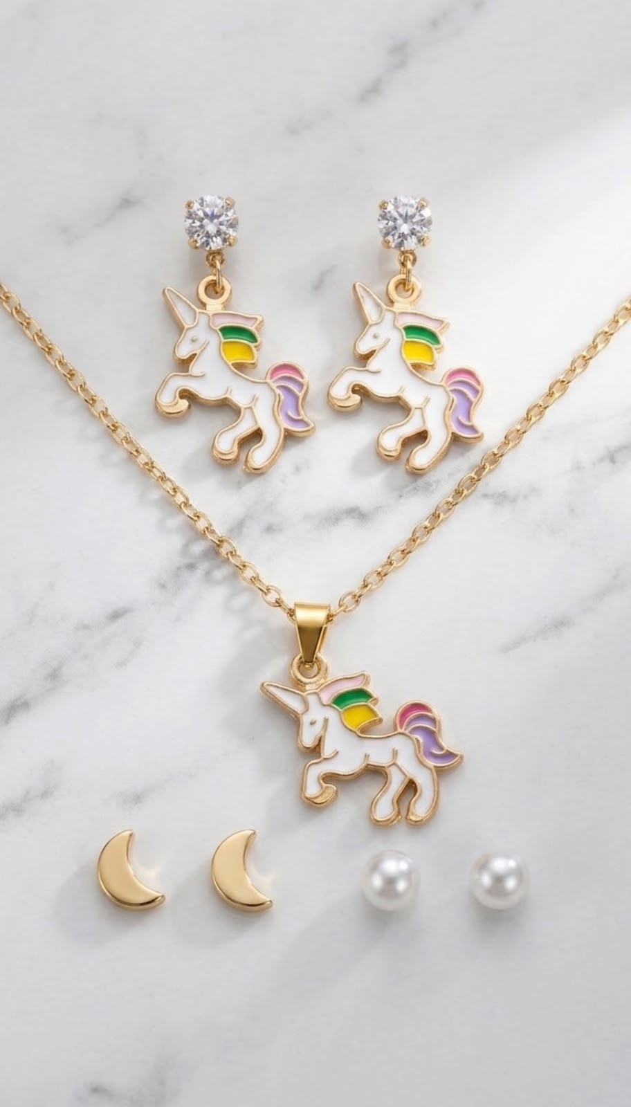 Enchanted Magical Unicorn Jewellery Set + FREE Evil Eye Bracelet 🧿 | Necklace, Earrings, Moon & Pearl Studs 🦄✨