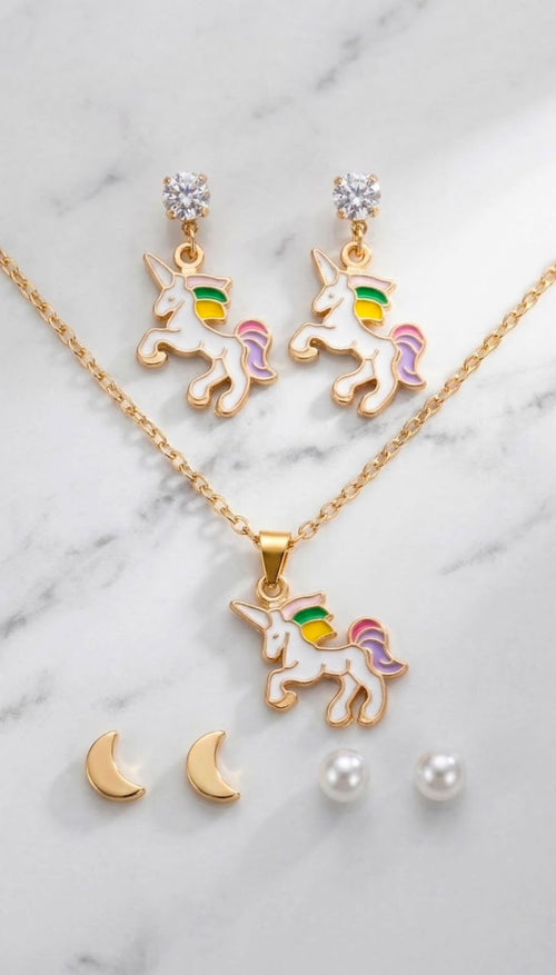 Enchanted Magical Unicorn Jewellery Set + FREE Evil Eye Bracelet 🧿 | Necklace, Earrings, Moon & Pearl Studs 🦄✨