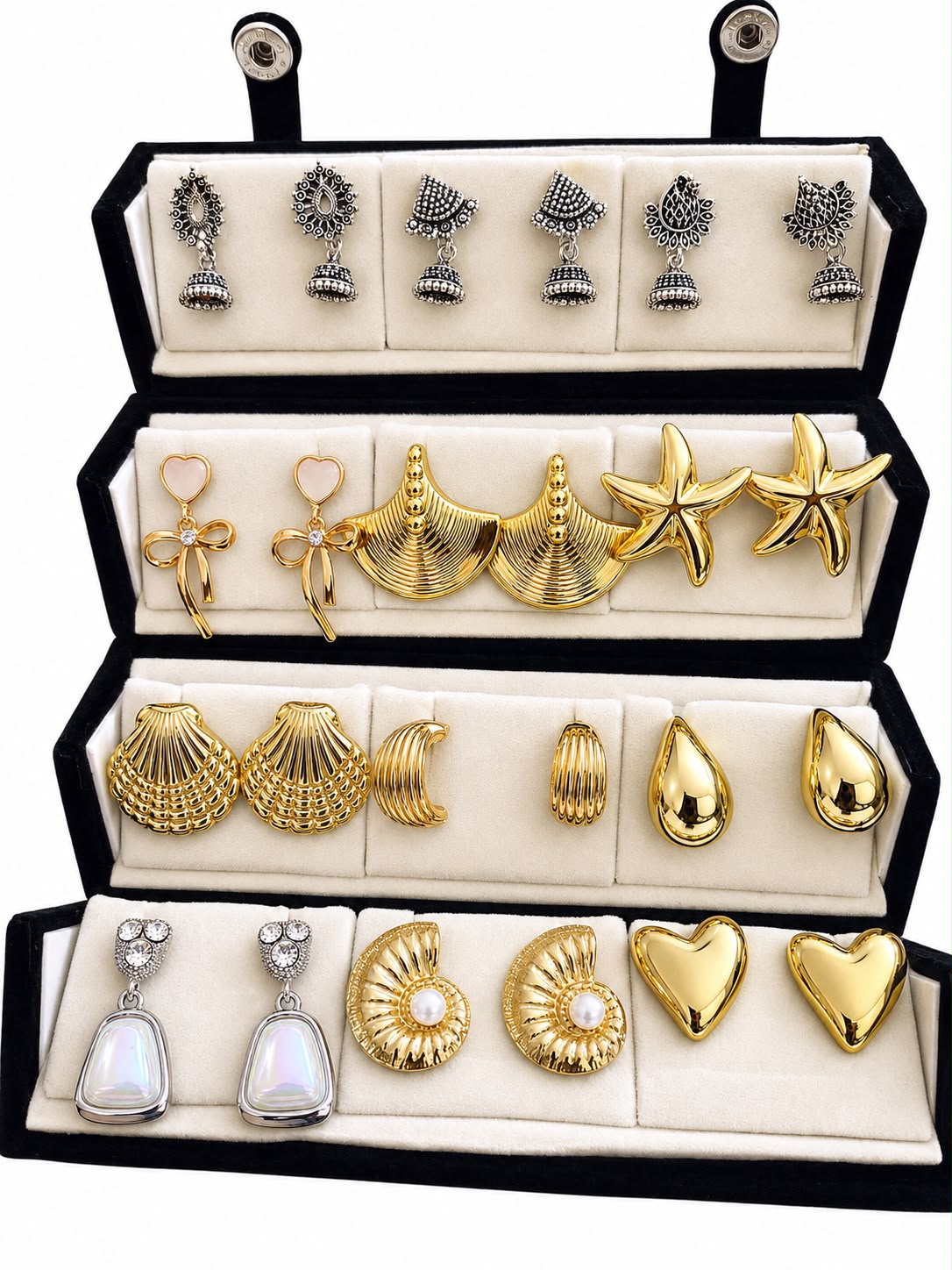 ✨ 12-Pair Luxe Korean & Oxidised Earrings Set + 4-Tier Luxury Box (Anti-Tarnish Edition)