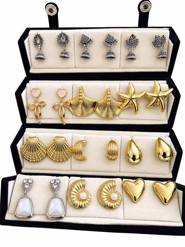 ✨ 12-Pair Luxe Korean & Oxidised Earrings Set + 4-Tier Luxury Box (Anti-Tarnish Edition)