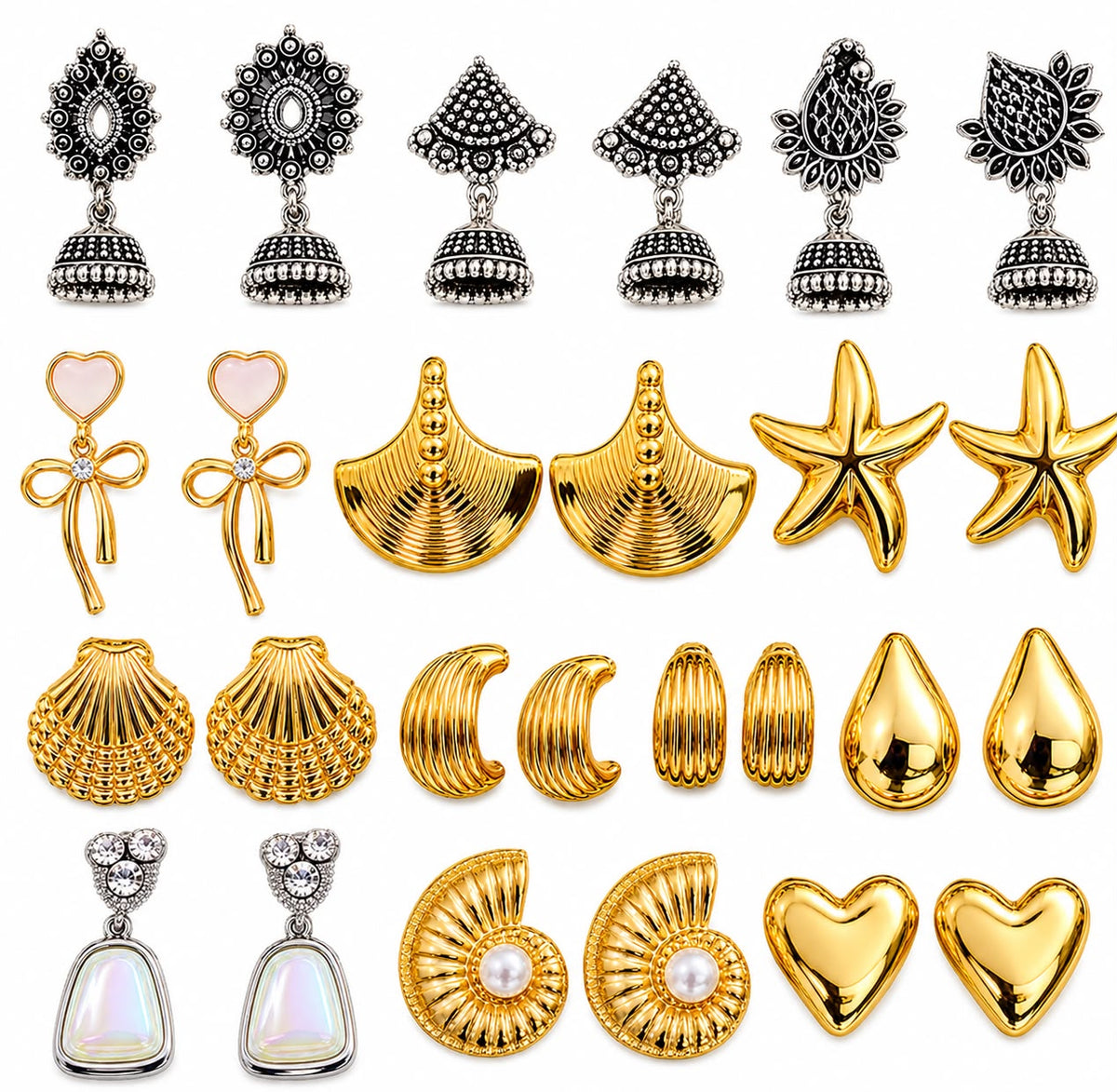 ✨ 12-Pair Luxe Korean & Oxidised Earrings Set + 4-Tier Luxury Box (Anti-Tarnish Edition)
