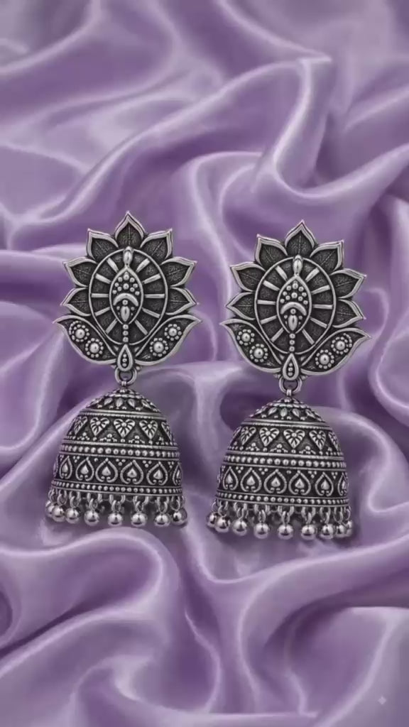 Royal Lotus Oxidised Silver Jhumka Earrings — Ethnic Festive Collection