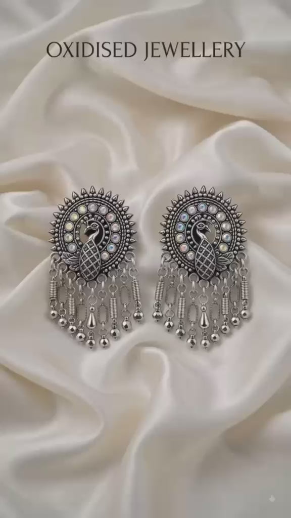 Peacock Motif Oxidised Silver Statement Earrings — Royal Festive Collection
