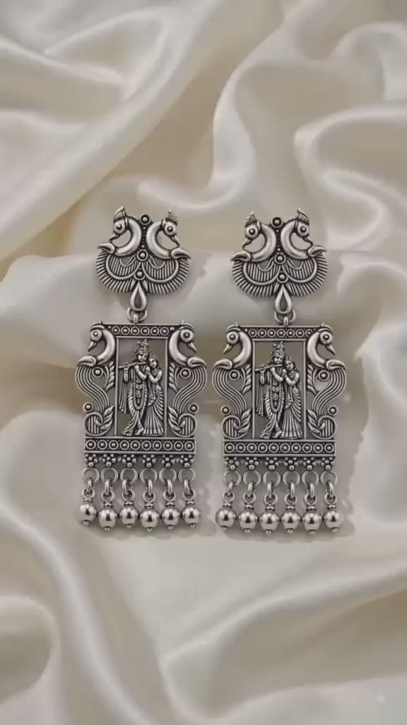 Divine Radha Krishna Oxidised Silver Statement Earrings — Devotional Collection